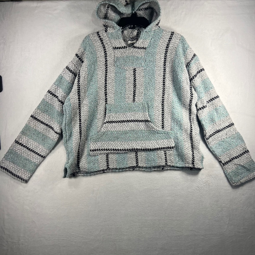 Unbranded Bohemian Baja Hoodie Pullover Mint Green Gray Black Striped Size S‎